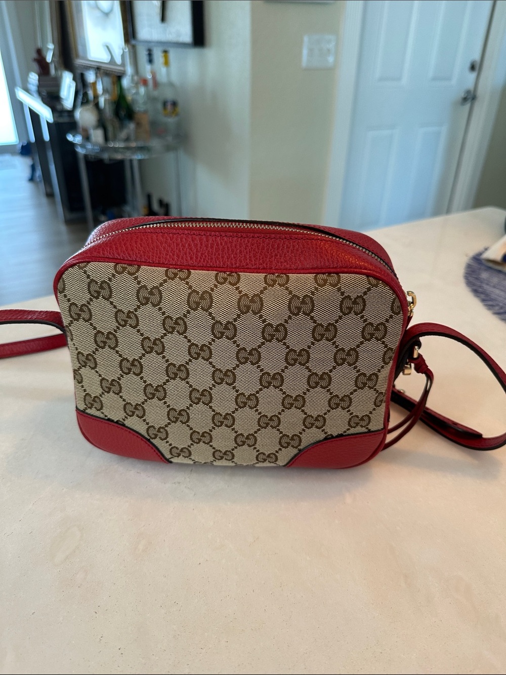 Gucci Beige GG Canvas Crossbody with Red Leather Trim